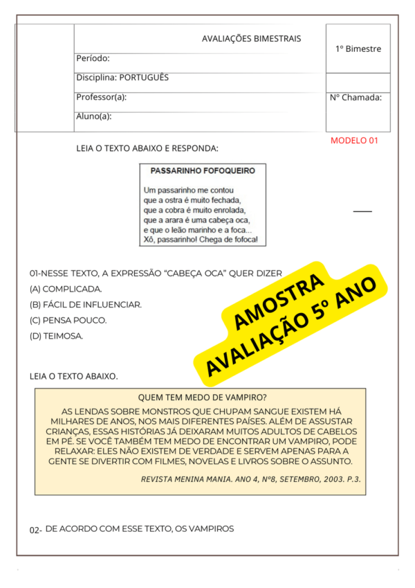 Avaliação 1º bimestre 5º ano para imprimir