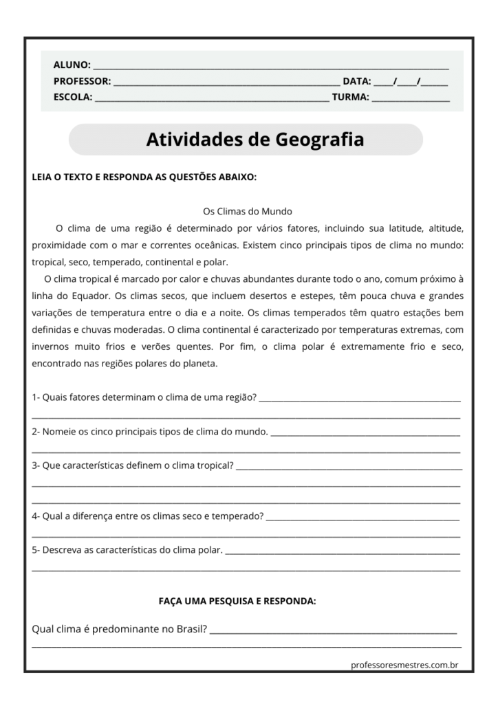 Atividades de Geografia Ensino Fundamental 6 ao 9 Ano em pdf Para Imprimir