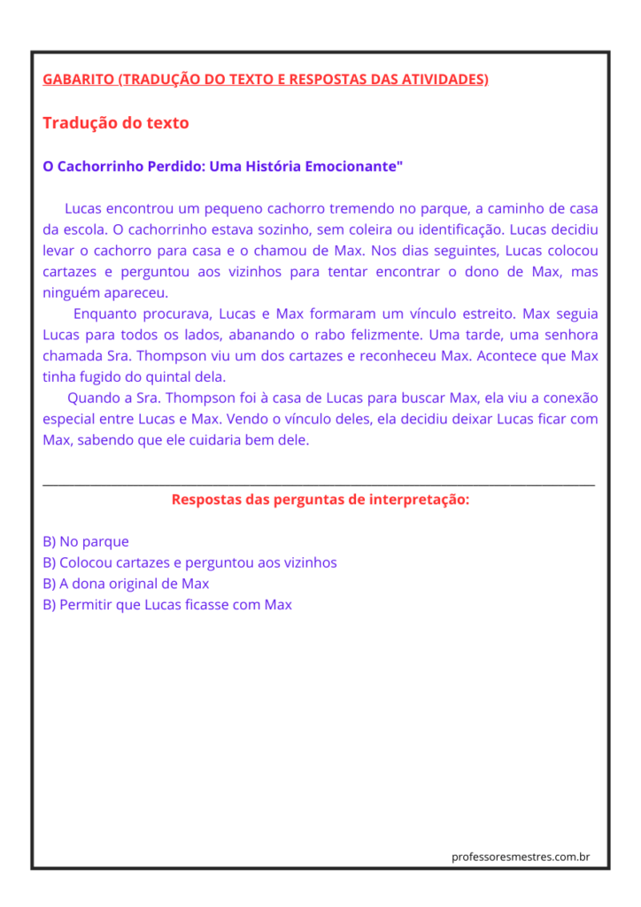 Pequenos Textos Em Inglês Para Interpretação Com Gabarito 7º Ano