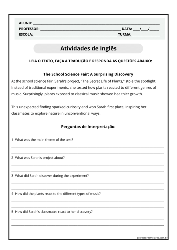 Pequenos Textos Em Inglês Para Interpretação Com Gabarito 7º Ano