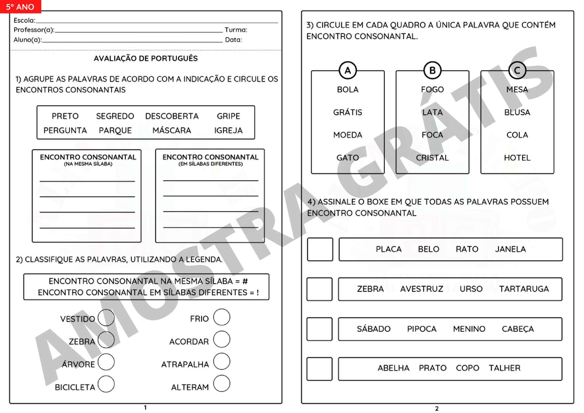 amostra da avaliação 3 ano