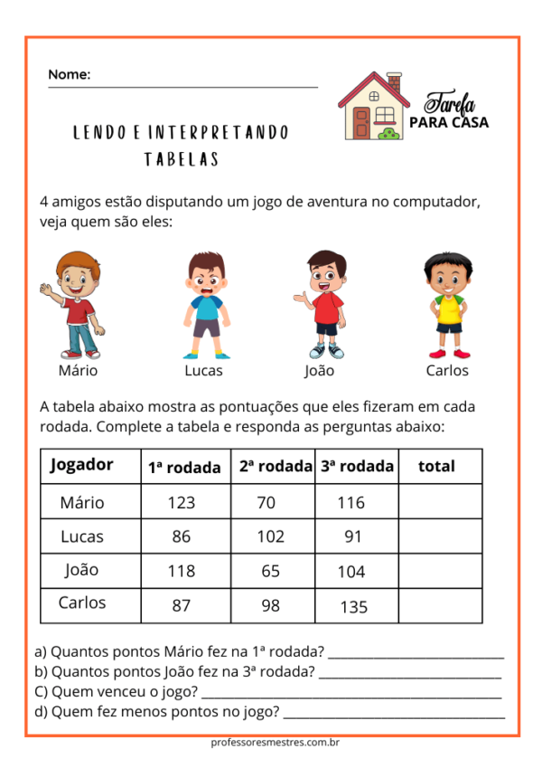 Tarefa de matemática quarto 4º ano tabelas Para imprimir PDF