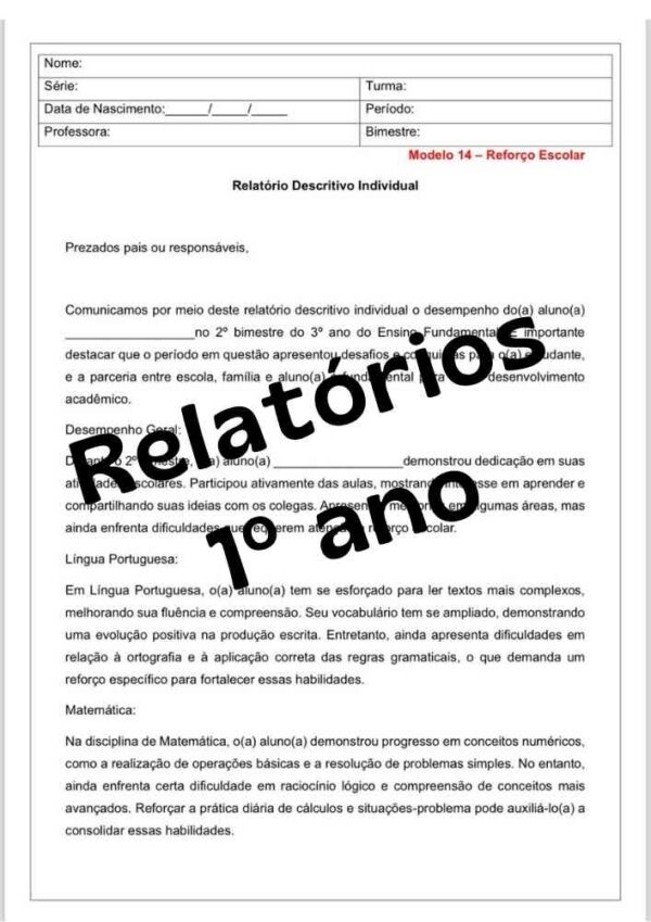 Relatório de desenvolvimento individual do aluno primeiro 1º ano segundo bimestre Word editável modelo 5