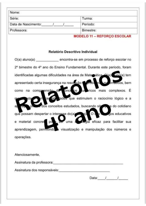 Relatórios e desenvolvimento individual e descritivo quarto 4º ano ensino fundamental 2º segundo bimestre Editável no Word 3