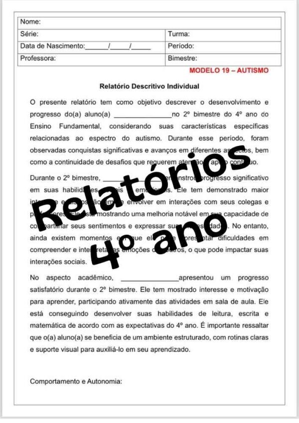 Relatórios e desenvolvimento individual e descritivo quarto 4º ano ensino fundamental 2º segundo bimestre Editável no Word modelo seis