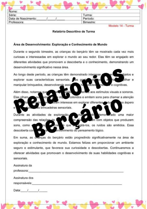 Relatório de desenvolvimento para berçário modelo 3 Segundo bimestre Editavel no Word