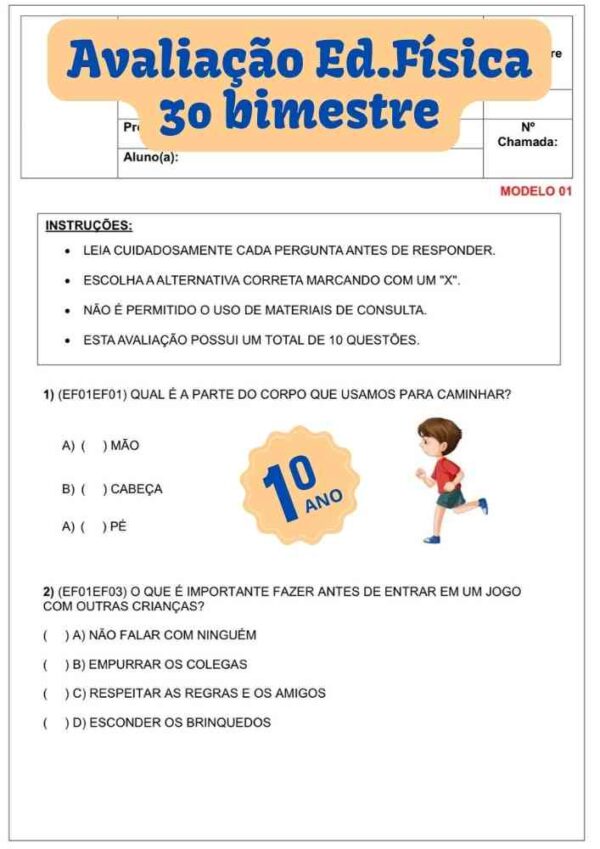 avaliação de para o 1º primeiro ano educação física ensino fundamental 3º terceiro bimestre