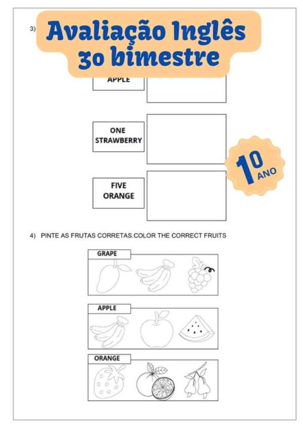 avaliação de inglês para o 1º primeiro ano ensino fundamental 3º terceiro bimestre