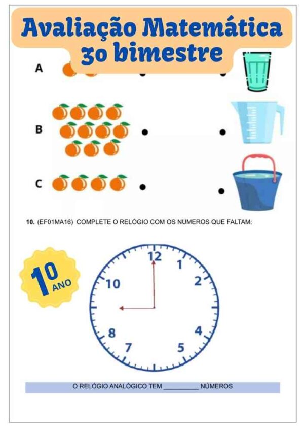 avaliação de matemática para o 1º primeiro ano ensino fundamental 3º terceiro bimestre