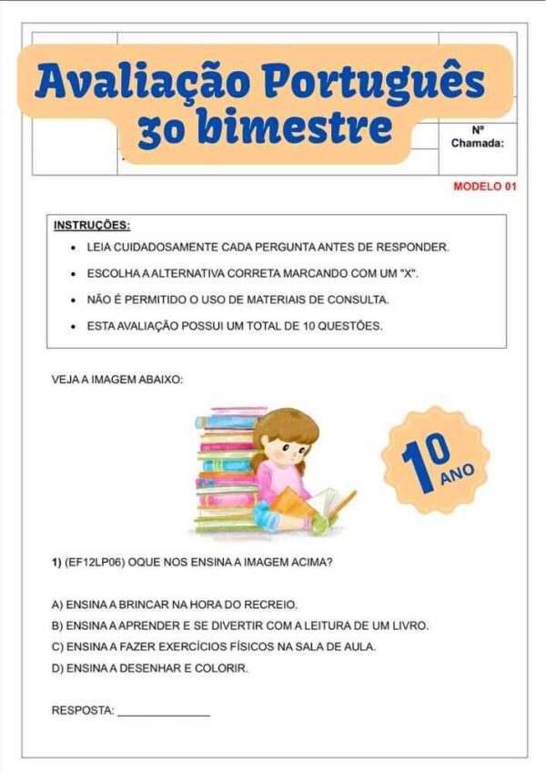 avaliação de português para o 1º primeiro ano ensino fundamental 3º terceiro bimestre