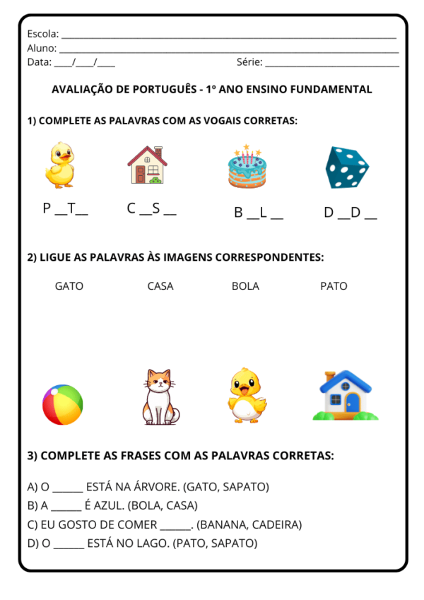 Prova de português 1º ano Ensino Fundamental para imprimir