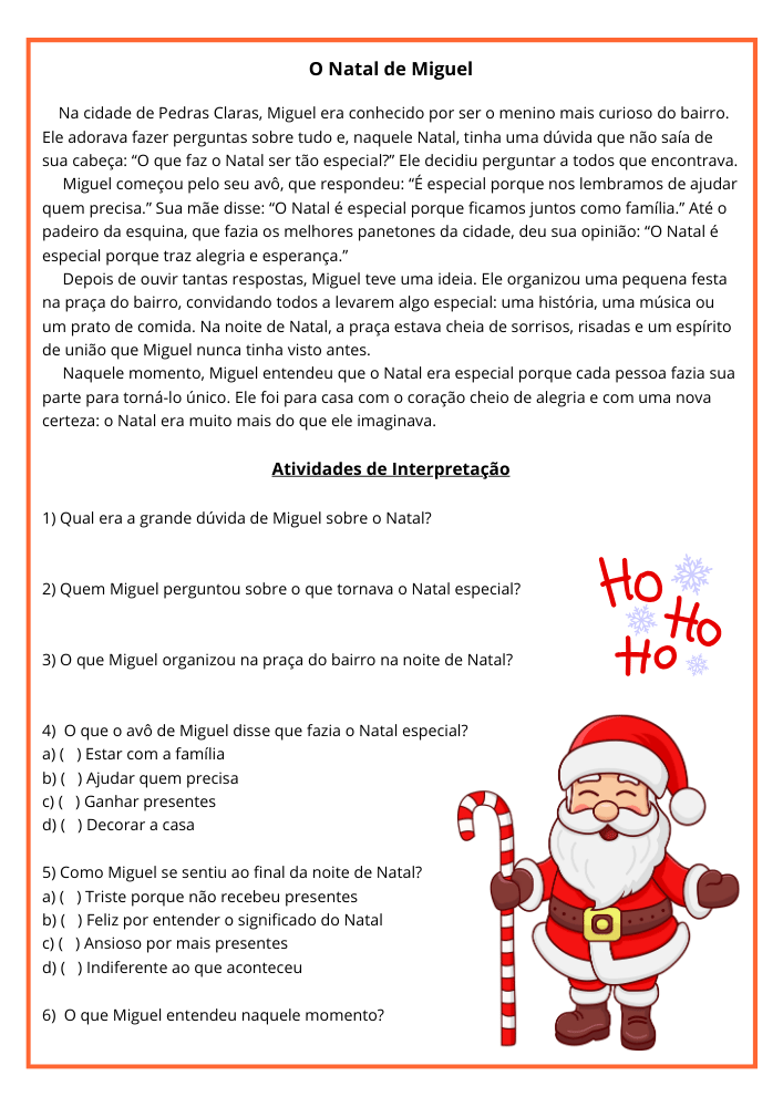 Texto de Natal com interpretação para o quarto 4º ano título do texto Natal de Miguel