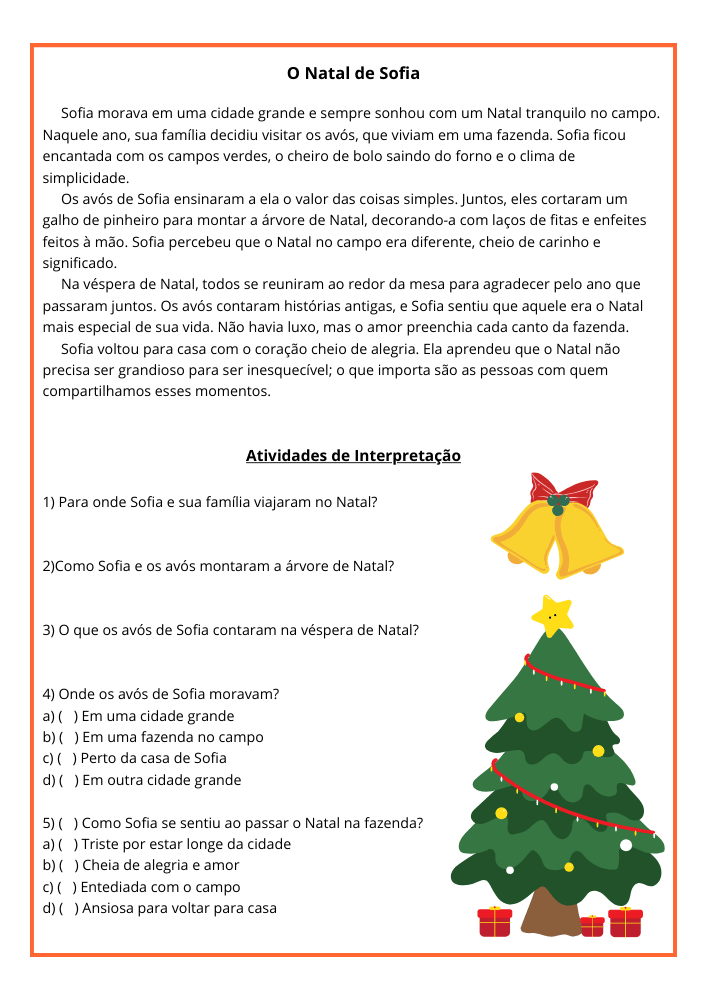 Texto de Natal com interpretação para o quarto 4º ano história o Natal de Sofia