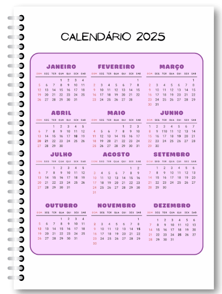 Calendário do caderno Planner 2025