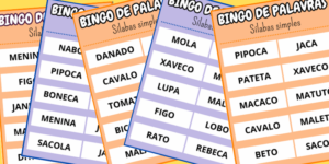 Bingo de palavras sílabas simples colorido em PDF pronto para imprimir Alfabetização educação infantil