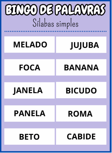 cartela quarenta Bingo de palavras sílabas simples Em PDF com 40 cartelas coloridas
