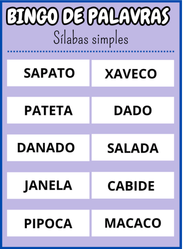 cartela trinta e um Bingo de palavras sílabas simples Em PDF com 40 cartelas coloridas