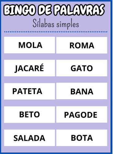 cartela trinta Bingo de palavras sílabas simples Em PDF com 40 cartelas coloridas