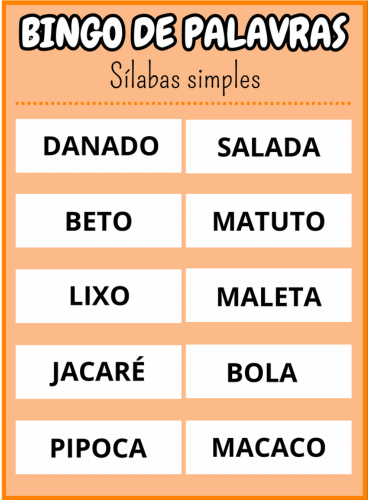 cartela vinte e nove Bingo de palavras sílabas simples Em PDF com 40 cartelas coloridas