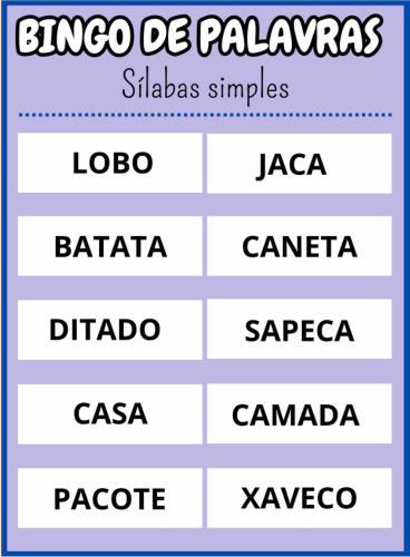 cartela vinte e oito Bingo de palavras sílabas simples Em PDF com 40 cartelas coloridas