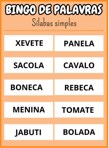 cartela vinte e sete Bingo de palavras sílabas simples Em PDF com 40 cartelas coloridas