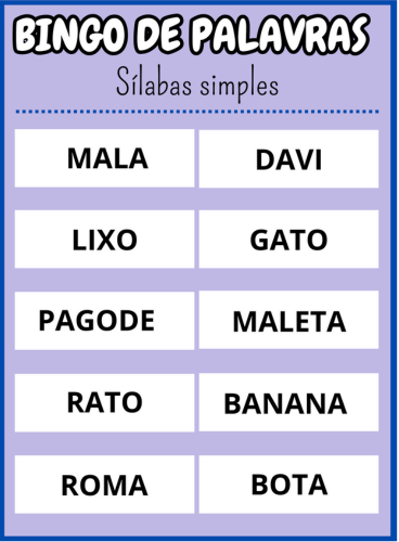 cartela vinte e seis Bingo de palavras sílabas simples Em PDF com 40 cartelas coloridas