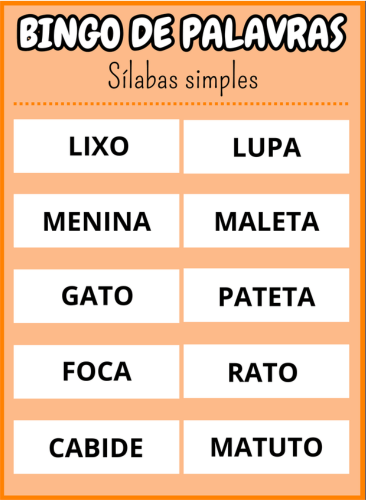 cartela vinte e cinco Bingo de palavras sílabas simples Em PDF com 40 cartelas coloridas