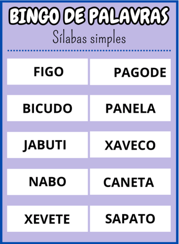 cartela vinte e quatro Bingo de palavras sílabas simples Em PDF com 40 cartelas coloridas