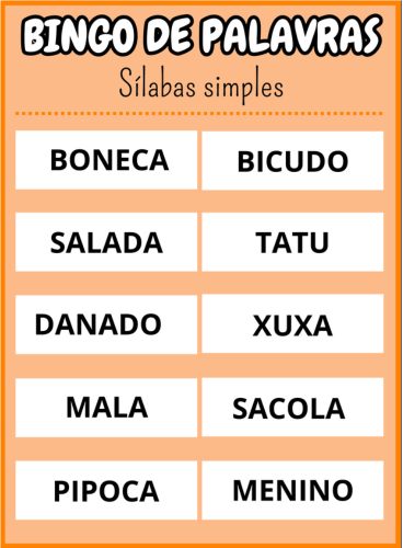 cartela vinte e três Bingo de palavras sílabas simples Em PDF com 40 cartelas coloridas