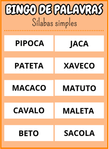 cartela trinta e nove Bingo de palavras sílabas simples Em PDF com 40 cartelas coloridas