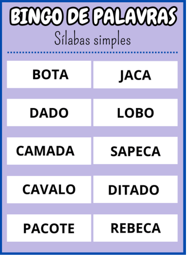 cartela vinte e dois Bingo de palavras sílabas simples Em PDF com 40 cartelas coloridas