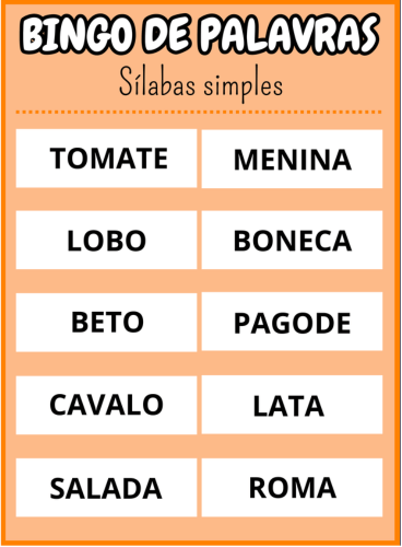 cartela vinte e um Bingo de palavras sílabas simples Em PDF com 40 cartelas coloridas