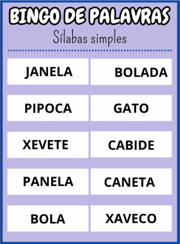 cartela vinte Bingo de palavras sílabas simples Em PDF com 40 cartelas coloridas