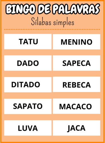 cartela dezenove Bingo de palavras sílabas simples Em PDF com 40 cartelas coloridas