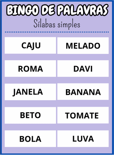 cartela dezoito Bingo de palavras sílabas simples Em PDF com 40 cartelas coloridas