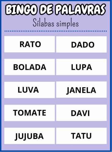 cartela dezesseis Bingo de palavras sílabas simples Em PDF com 40 cartelas coloridas