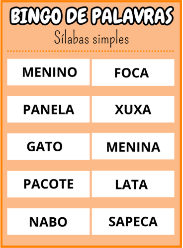 cartela quinze Bingo de palavras sílabas simples Em PDF com 40 cartelas coloridas