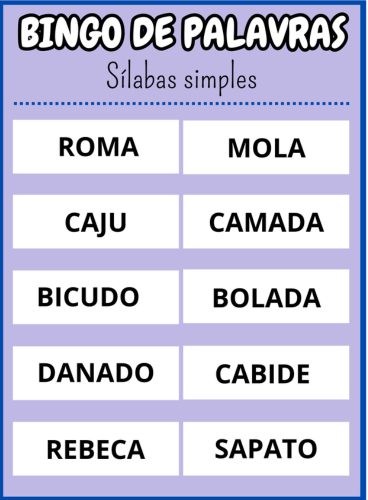 cartela quatorze Bingo de palavras sílabas simples Em PDF com 40 cartelas coloridas