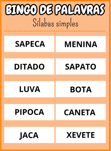 cartela treze Bingo de palavras sílabas simples Em PDF com 40 cartelas coloridas