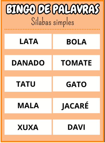 cartela trinta e oito Bingo de palavras sílabas simples Em PDF com 40 cartelas coloridas