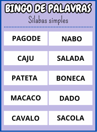 cartela doze Bingo de palavras sílabas simples Em PDF com 40 cartelas coloridas