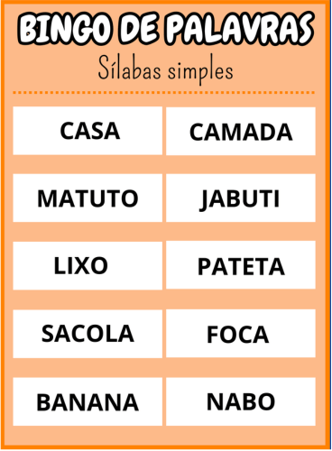 cartela onze Bingo de palavras sílabas simples Em PDF com 40 cartelas coloridas