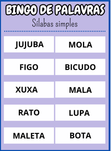 cartela dez Bingo de palavras sílabas simples Em PDF com 40 cartelas coloridas