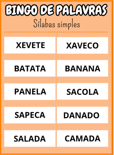 cartela nove Bingo de palavras sílabas simples Em PDF com 40 cartelas coloridas