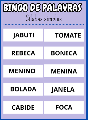 cartela oito Bingo de palavras sílabas simples Em PDF com 40 cartelas coloridas