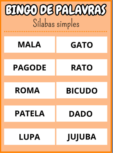 cartela sete Bingo de palavras sílabas simples Em PDF com 40 cartelas coloridas