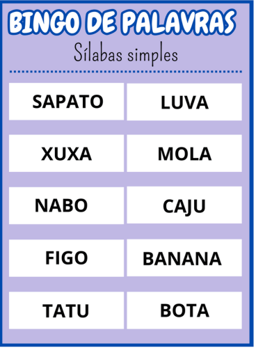 cartela seis Bingo de palavras sílabas simples Em PDF com 40 cartelas coloridas