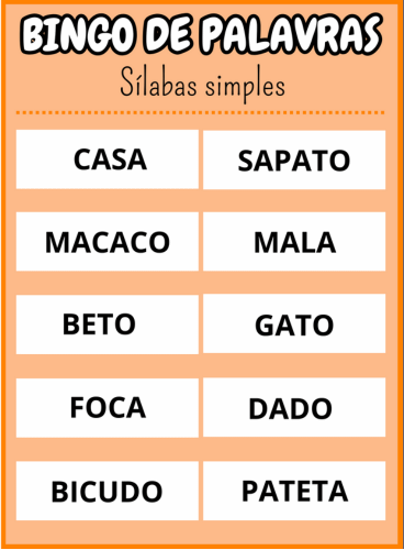 cartela cinco Bingo de palavras sílabas simples Em PDF com 40 cartelas coloridas