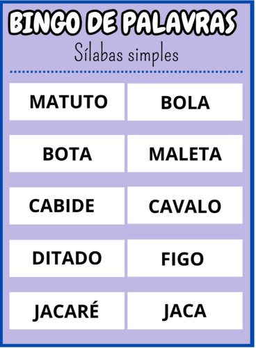 cartela quatro Bingo de palavras sílabas simples Em PDF com 40 cartelas coloridas