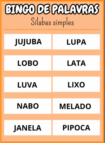 cartela três Bingo de palavras sílabas simples Em PDF com 40 cartelas coloridas